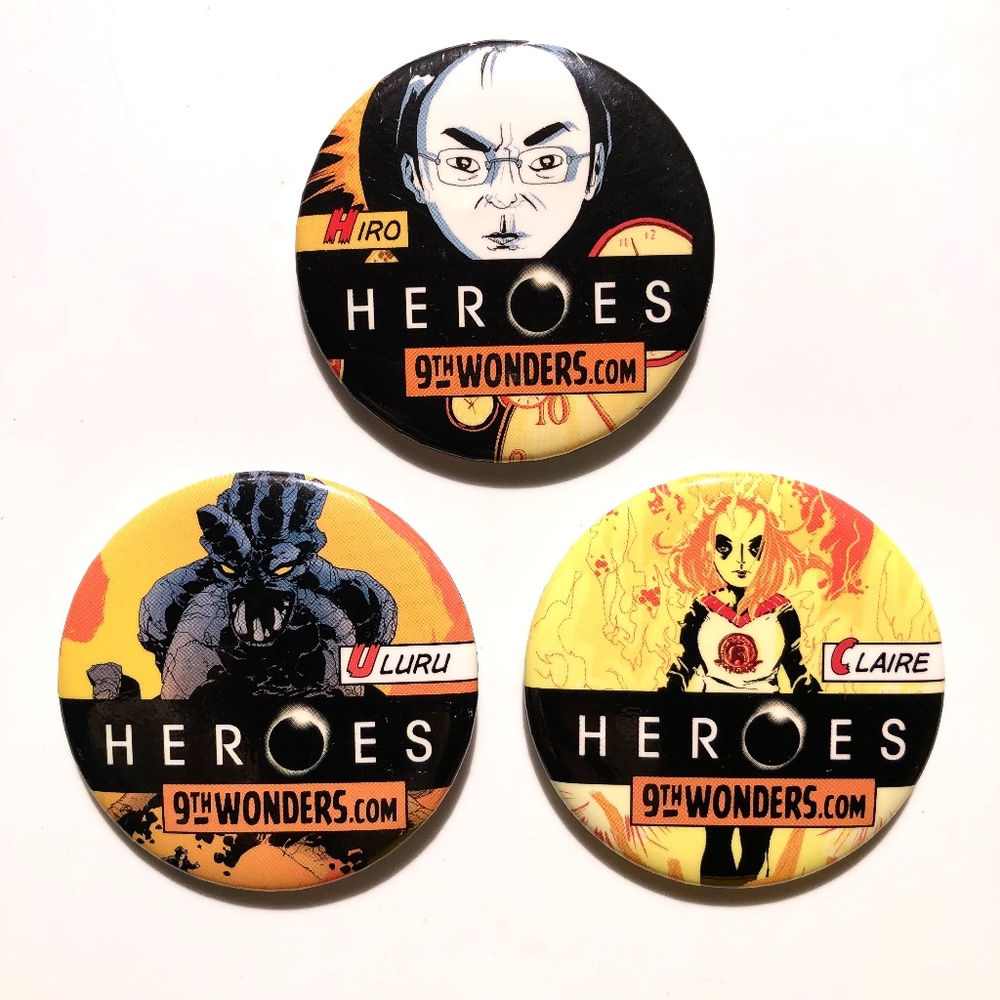 HEROES Television Show Promotional Pinback buttons set of 3 Hiro Claire Uluru